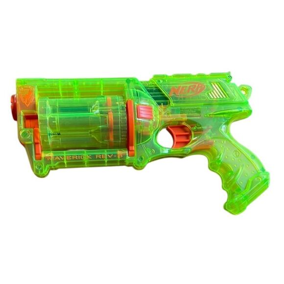 Vintage 2004 Nerf Maverick Rev-6 Neon Clear Green Toy Blaster Revolver Pistol - Picture 1 of 4